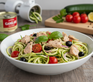 15 Dakikada Düşük Kalorili Ton Balıklı Zoodle Spagetti