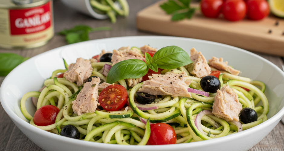 15 Dakikada Düşük Kalorili Ton Balıklı Zoodle Spagetti
